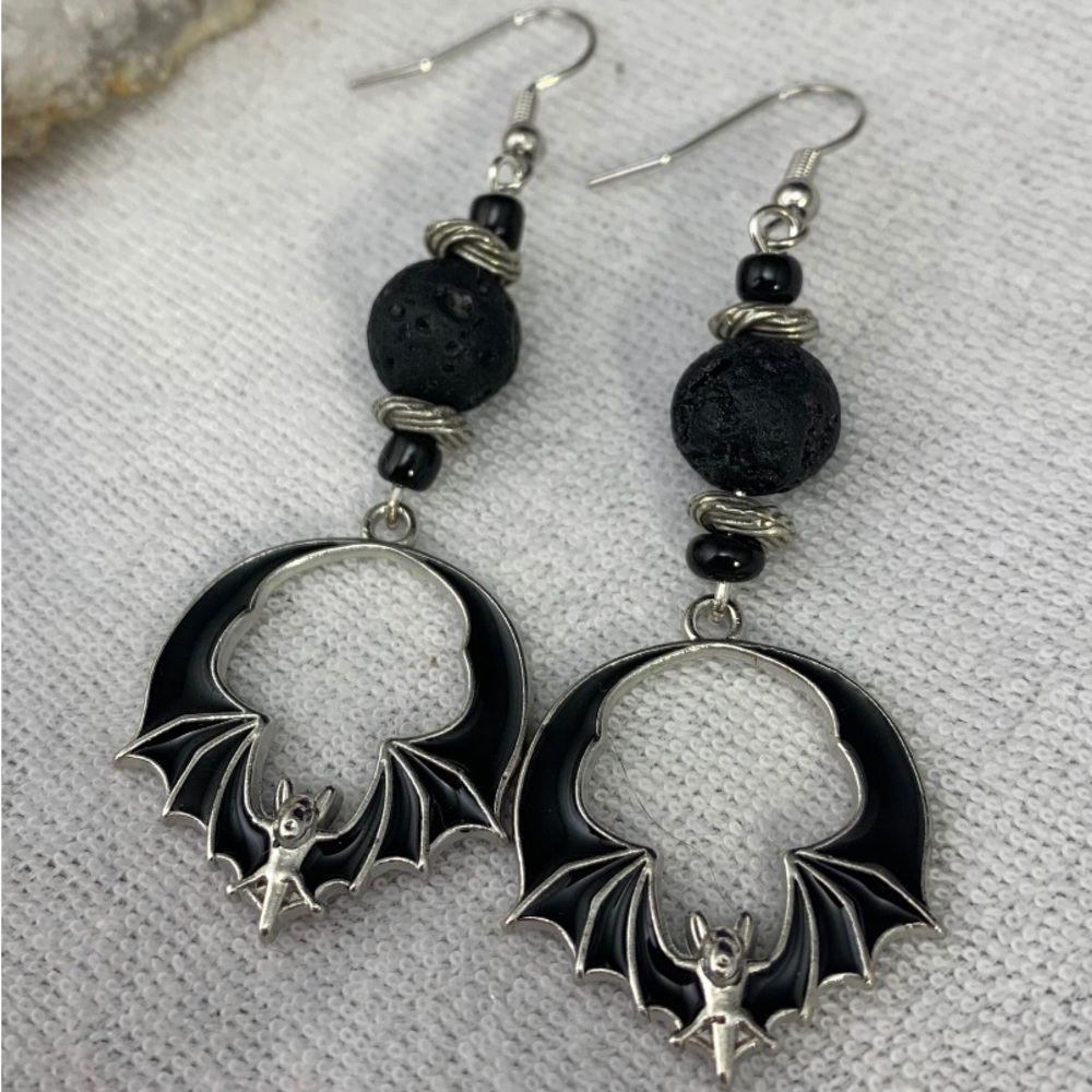 Handmade Bat Charms and Lava Rock earrings
